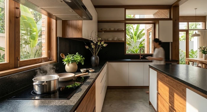 Không gian bếp hiện đại tại Việt Nam với hướng bếp hợp tuổi thìn mang lại tài lộc và bình an cho gia chủ