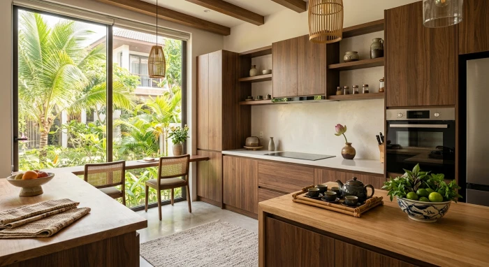 Không gian bếp hiện đại được thiết kế chuẩn phong thủy với hướng bếp hợp tuổi tuất giúp gia chủ thu hút tài lộc