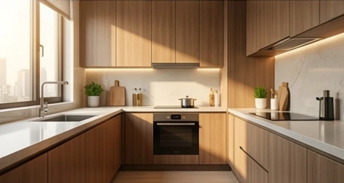 Khu vực mặt bếp hiện đại bằng đá sáng bóng hướng ra không gian mở thoáng đãng