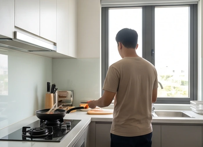 Gian bếp gọn gàng với người đứng nấu quay lưng về hướng Đông phù hợp cho nam Nhâm Tuất