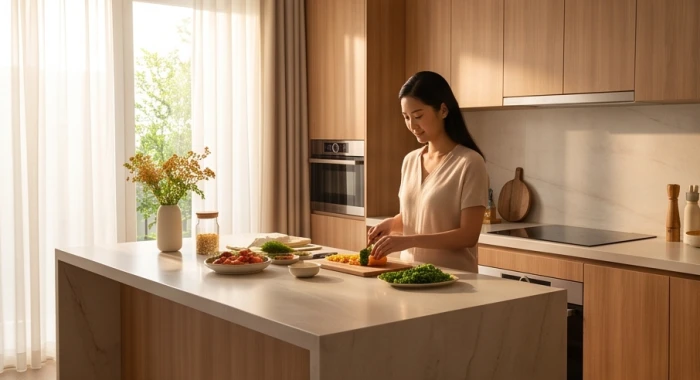 Người phụ nữ nấu nướng trong gian bếp gia đình bố trí theo đúng cung mệnh của giới tính