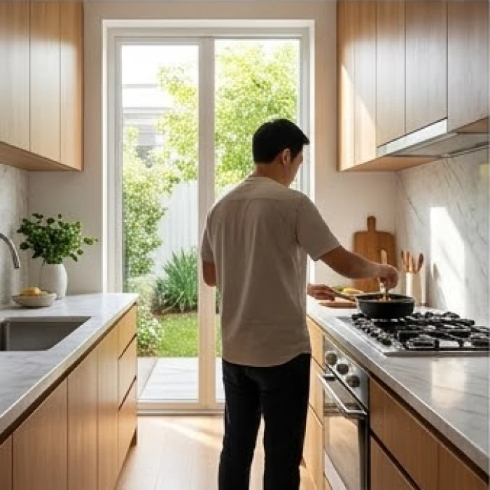 Không gian bếp hiện đại có người đang nấu ăn, lưng quay về hướng đón ánh sáng tự nhiên rực rỡ.