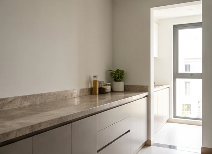 Thiết kế tủ bếp đặt sát bức tường phía Nam và mặt bếp nhìn về hướng Tây Bắc cho nữ Nhâm Tuất