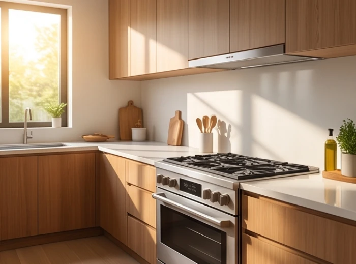 Căn bếp gọn gàng đón ánh sáng tự nhiên với bếp nấu được đặt tại vị trí hợp lý