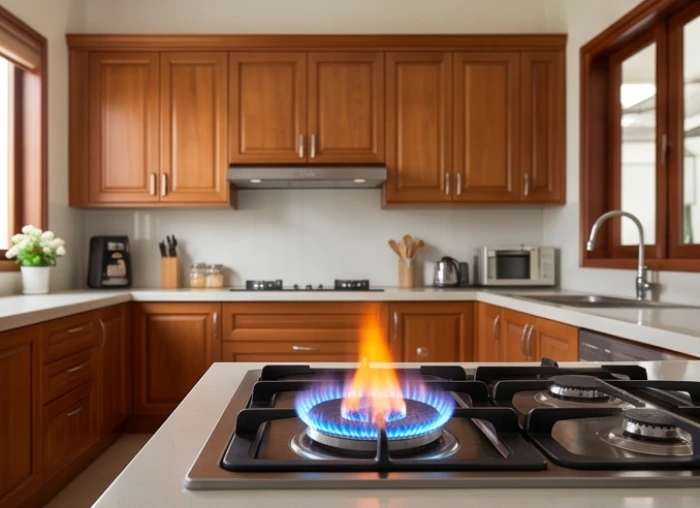 Căn bếp gọn gàng ấm cúng với lửa bếp gas đang cháy sáng tượng trưng cho sự đầm ấm của gia đình.
