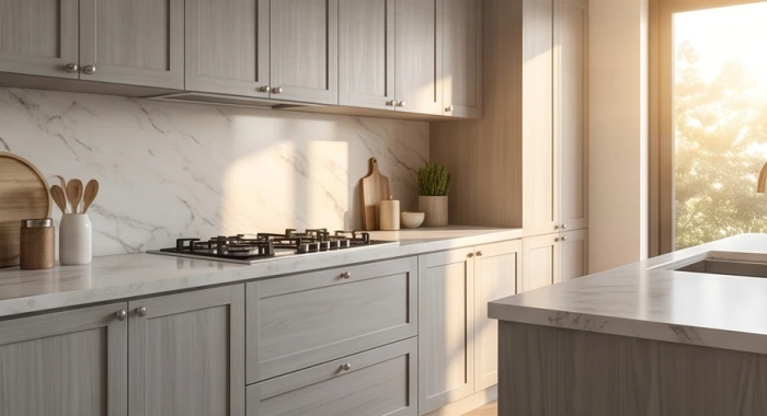 Gian bếp hiện đại với tủ gỗ màu xám nhạt và bếp nấu sạch sẽ ngăn nắp bên cạnh cửa sổ