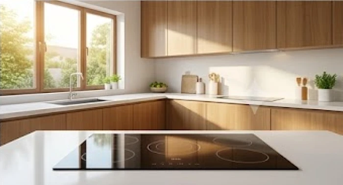 Căn bếp hiện đại với hệ tủ bếp gỗ và bếp từ sạch sẽ được đặt ở vị trí góc khuất
