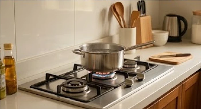 Gian bếp gọn gàng với mặt bếp sáng bóng và bếp lửa đang cháy ấm áp đun nồi nước