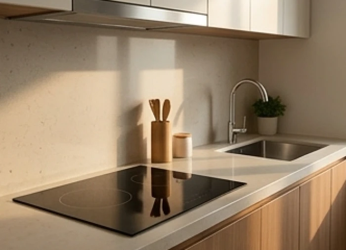 Khu vực bếp nấu gọn gàng bố trí cách xa chậu rửa để tránh thủy hỏa xung