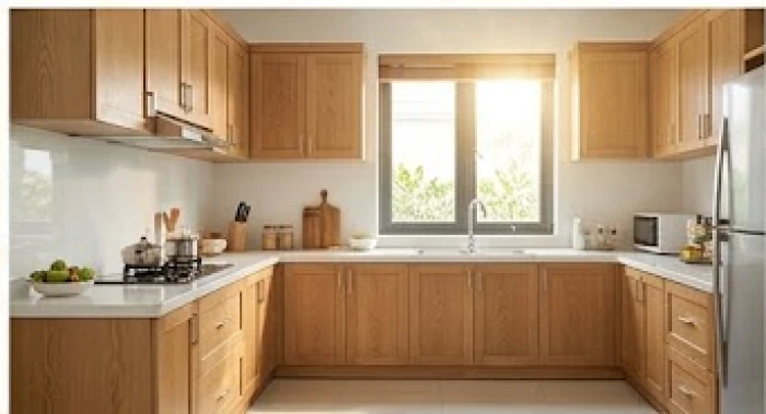 Căn bếp bằng gỗ sồi tự nhiên được bố trí gọn gàng và đón nắng sáng từ cửa sổ hướng Đông Nam