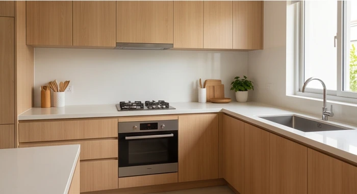 Căn bếp hiện đại gọn gàng với bếp nấu và chậu rửa được bố trí cách xa nhau để tránh Thủy Hỏa tương xung
