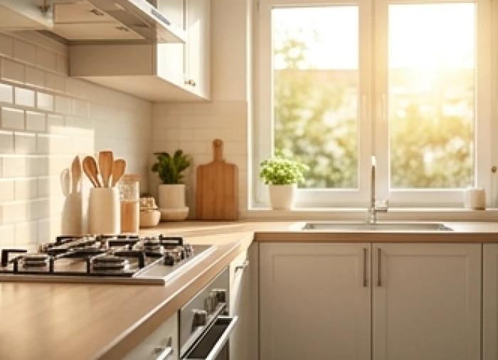 Không gian bếp hiện đại được thiết kế sạch sẽ với hướng mặt bếp xoay ra cửa sổ đón ánh sáng tự nhiên