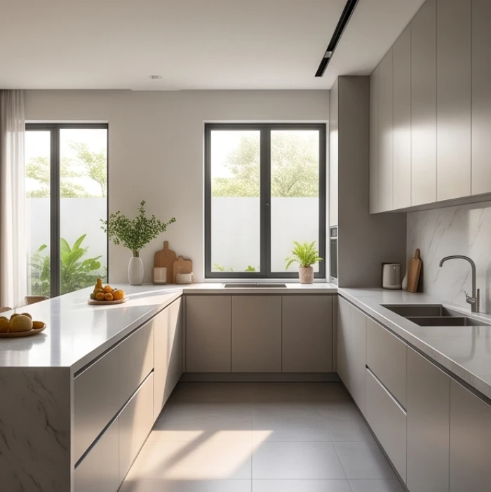 Gian bếp hiện đại được bố trí gọn gàng với mặt bếp quay về hướng tốt lành đón tài lộc