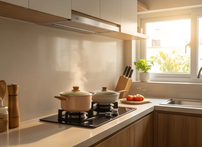 Khu vực bếp nấu hiện đại gọn gàng với thiết kế mặt lưng vững chắc để thiêu rụi hung khí bảo vệ nhà