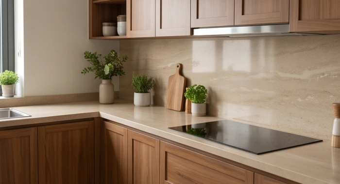 Tủ bếp gỗ tự nhiên kết hợp mặt đá hài hòa ngũ hành cho gia chủ tuổi Canh Ngọ và Nhâm Ngọ