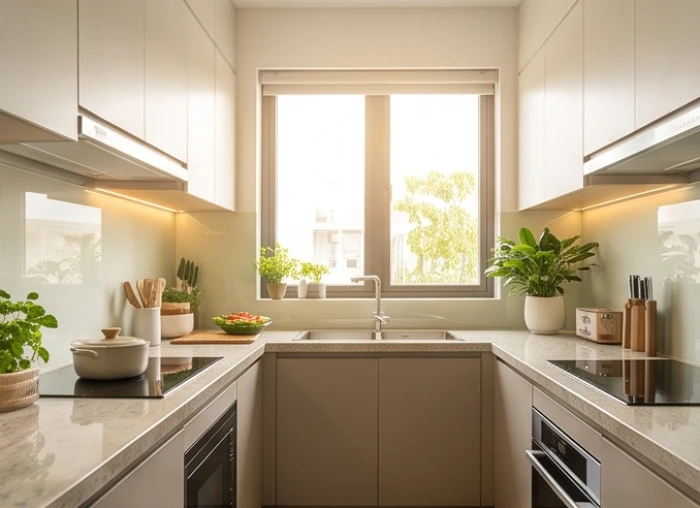 Góc bếp hiện đại tràn ngập ánh sáng tự nhiên tạo năng lượng tích cực hỗ trợ việc học tập cho tuổi Đinh Hợi