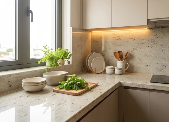 Mặt bàn bếp lát đá sáng màu được bố trí hướng Tây Bắc cát lành giúp mang lại sự bình an cho gia đình