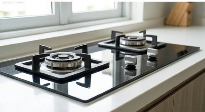 Bếp gas âm mặt kính hiện đại với núm vặn điều khiển quay ra phía ngoài để đón nhận luồng năng lượng tốt