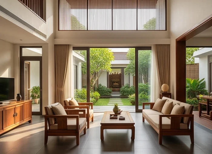 Phòng khách bố trí cửa chính theo hướng cát phong thủy Tây Bắc và Đông Bắc cho gia chủ tuổi Đinh Hợi 2007