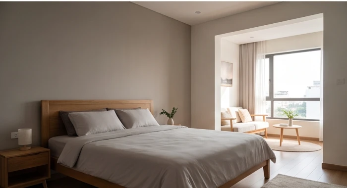 Đầu giường tựa vững vào tường trong khi chân giường hướng về phía không gian mở thoáng đãng