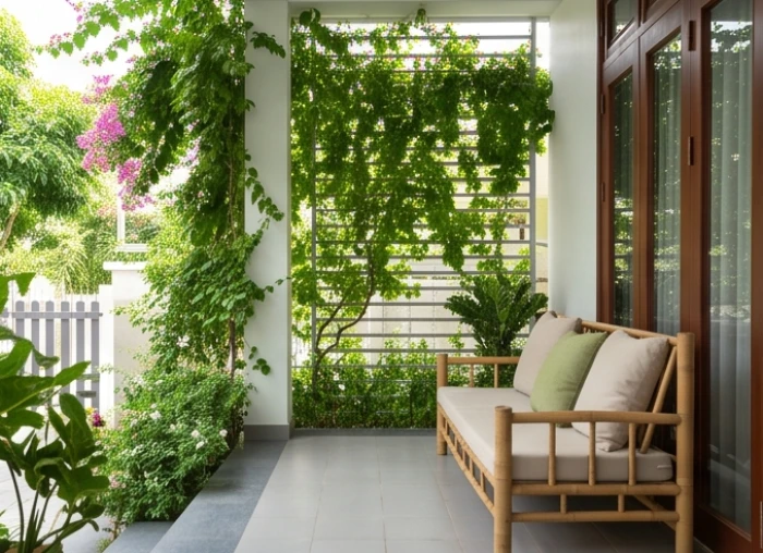Khu vực hiên nhà thanh bình với nhiều cây xanh dành cho nữ gia chủ hướng Đông tứ trạch