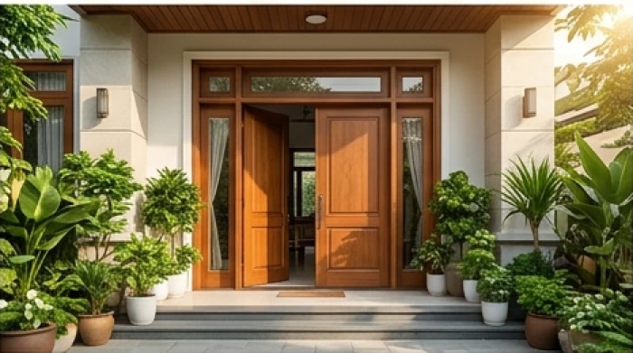 Mặt tiền ngôi nhà phố hiện đại với cửa gỗ quay ra hướng Đông Nam đón ánh sáng dịu nhẹ và luồng sinh khí tốt
