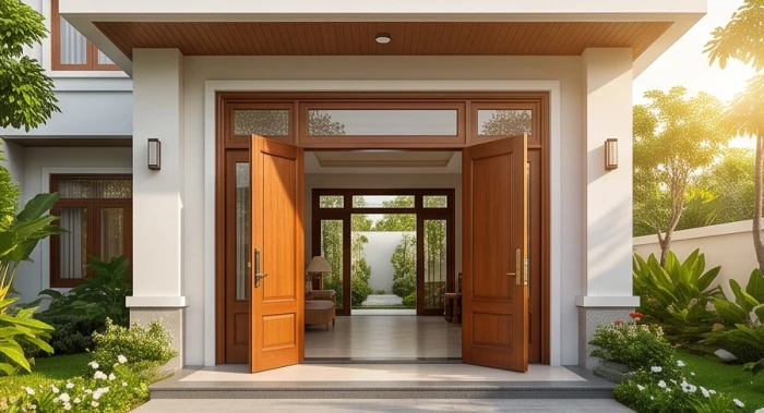 Mặt tiền nhà với cửa chính bằng gỗ tự nhiên hướng Đông đón cát khí cho nam mạng Bính Tuất cung Ly