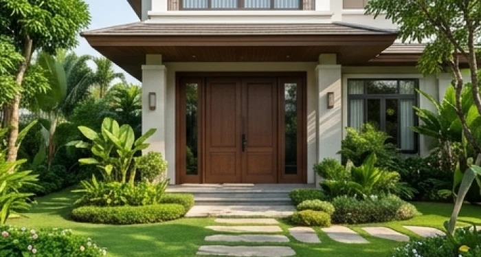 Mặt tiền ngôi nhà biệt thự hiện đại có cửa chính mở về hướng Tây Bắc đón năng lượng bình an cho nam gia chủ