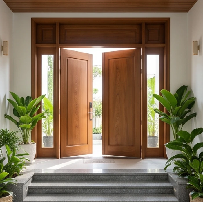Cửa gỗ hai cánh sang trọng quay về hướng Sinh Khí đón ánh sáng tự nhiên cho căn nhà biệt thự Bính Tý 1996