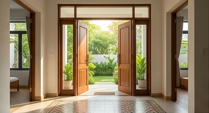 Cửa chính bằng gỗ tự nhiên mở ra hướng Đông đón ánh sáng và trường khí cát lành cho gia chủ nam Giáp Thìn 1964