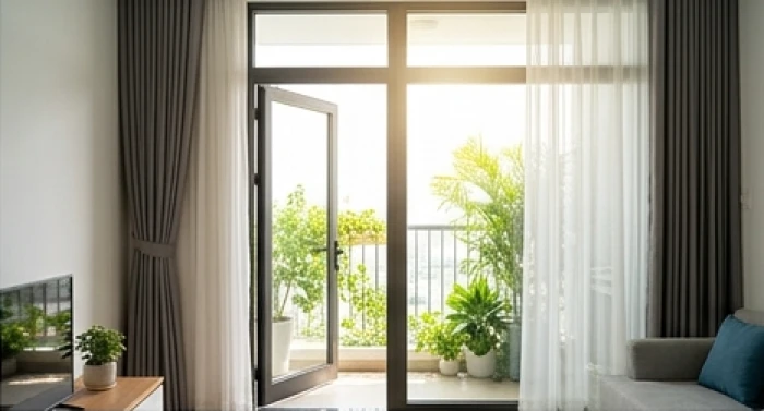 Khu vực cửa chính ban công hướng Tây Nam thoáng đãng đón ánh sáng tự nhiên cho căn hộ Quý Mão