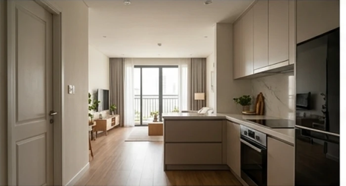 Góc nhìn từ cửa chính hướng vào trong nhà với hệ thống tủ bếp được đặt lệch sang một bên để tránh tình trạng lộng gió