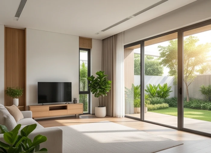 Cửa sổ kính lớn trong phòng khách nhà gia chủ Giáp Dần mở về phương vị cát đón ánh sáng tự nhiên