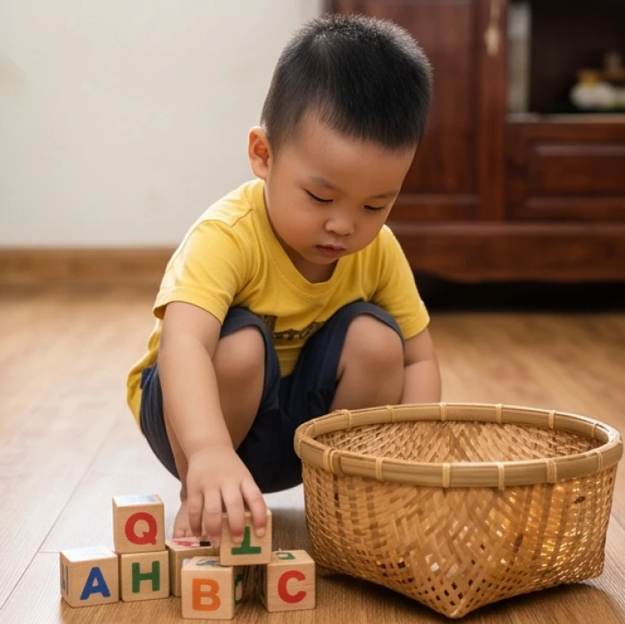 Bé cẩn thận cất từng khối gỗ xếp hình vào rổ nhựa sau khi hoàn thành nhiệm vụ được chia nhỏ một cách kiên nhẫn