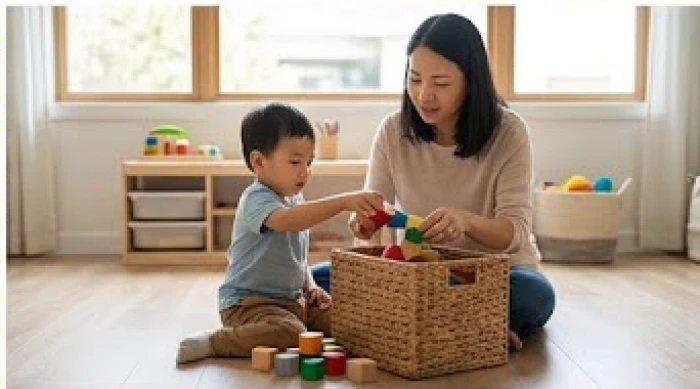 Người mẹ đang nhẹ nhàng hướng dẫn con trai tự dọn dẹp các khối xếp hình vào giỏ nhựa