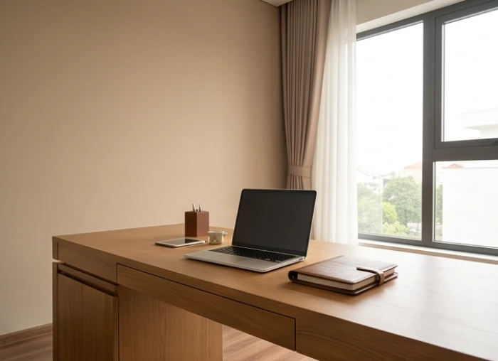 Bàn làm việc gỗ hướng ra cửa sổ đón cát khí và tựa vững chắc vào tường cho tuổi Giáp Tý 1984