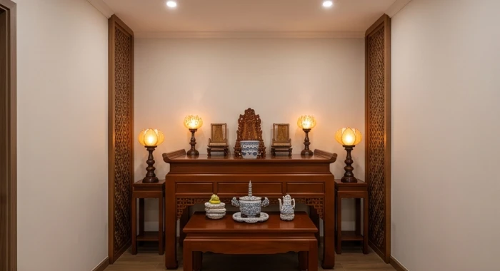 Phòng thờ gia đình thanh tịnh được sắp xếp theo quẻ mệnh cấn khôn dành riêng cho gia chủ là nữ giới tuổi dậu