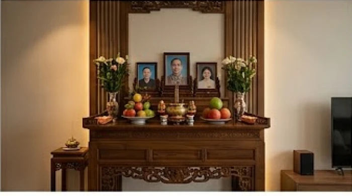 Không gian thờ cúng trang nghiêm với bàn thờ gỗ tự nhiên đặt chuẩn hướng cát cho tuổi Đinh Mão