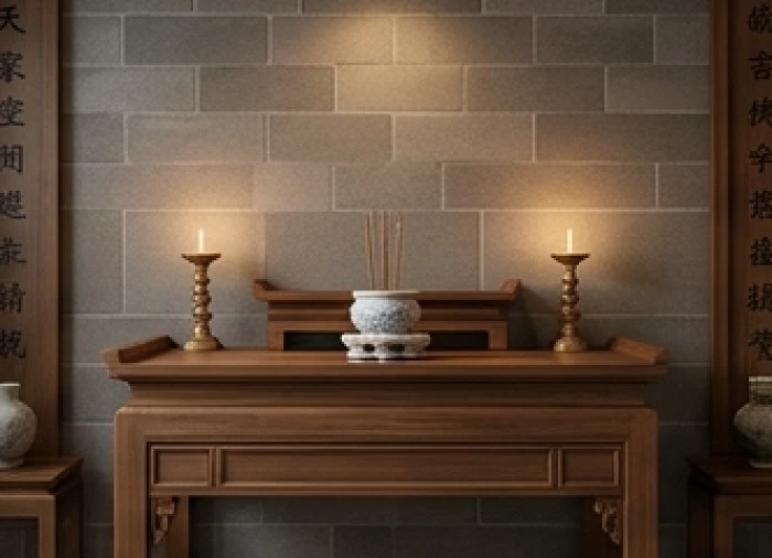 Bàn thờ gỗ tự nhiên trang nghiêm đặt tựa lưng vào tường gạch vững chãi