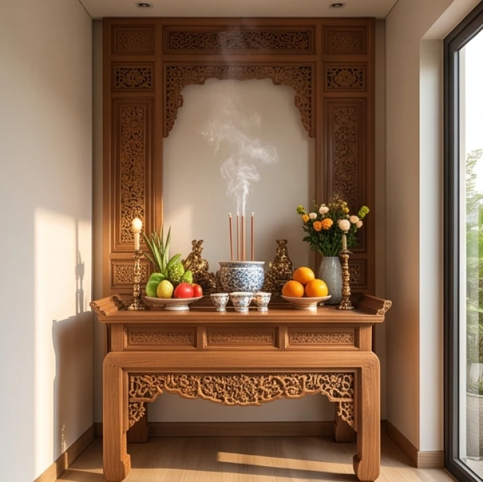 Khu vực bàn thờ tổ tiên trang nghiêm được đặt hướng ra không gian thông thoáng, tràn ngập sinh khí