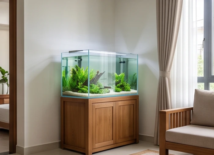 Bể cá cảnh đặt chuẩn hướng Tây Bắc trong phòng khách gọn gàng của gia chủ tuổi Giáp Dần