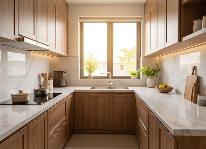 Khu bếp ngăn nắp của gia chủ tuổi Hợi với hướng nhìn thông thoáng đón sinh khí và ánh sáng tự nhiên ấm áp