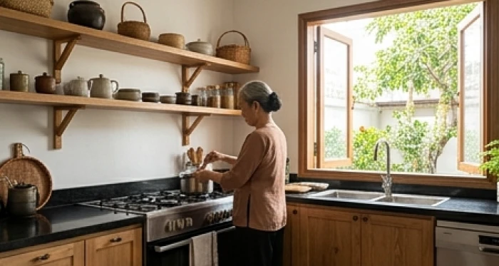 Gian bếp gỗ sạch sẽ bố trí nguyên tắc tọa hung hướng cát chuẩn hướng đặt bếp tân mão 1951