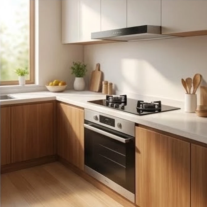 Không gian bếp nấu hiện đại được bố trí hợp phong thủy với mặt bếp quay về hướng tốt đón nhận nhiều sinh khí