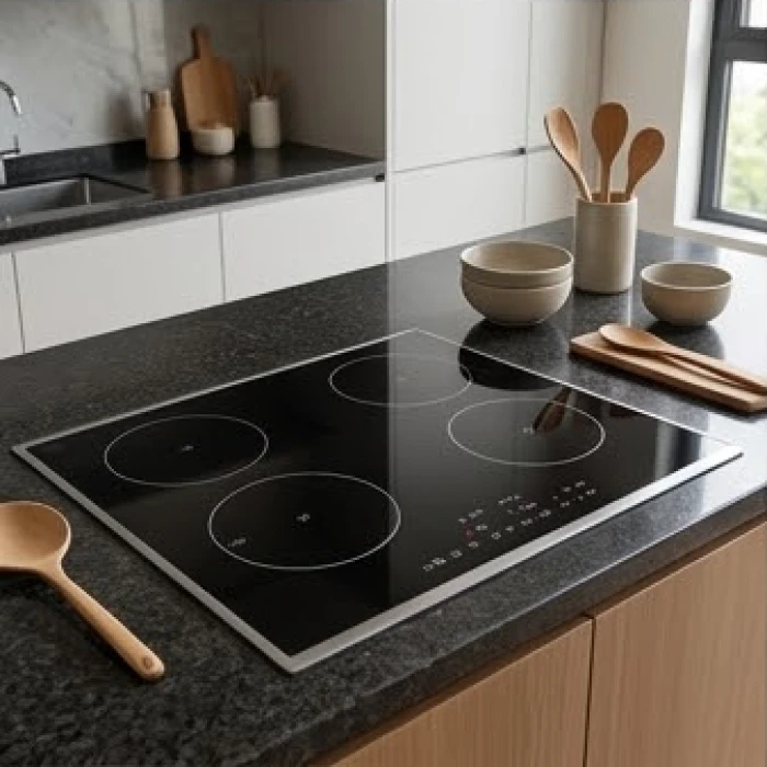 Gian bếp gọn gàng với bếp nấu hiện đại được đặt ở góc khuất và hướng thẳng ra khoảng không ngập nắng