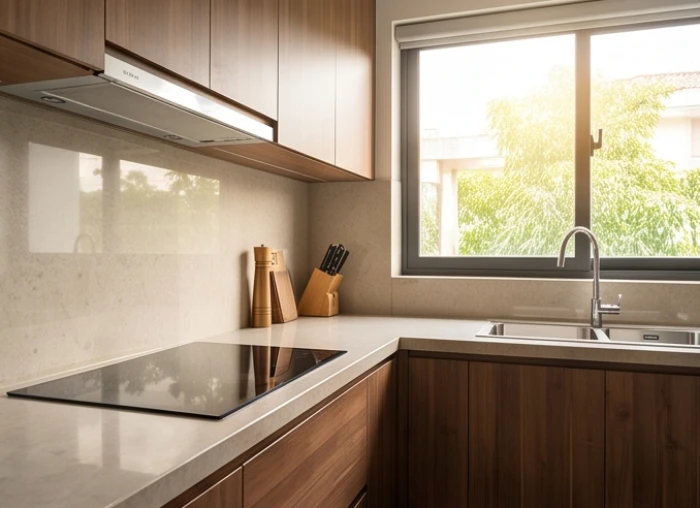 Gian bếp sang trọng kết hợp khoảng cách an toàn với bồn rửa đáp ứng tiêu chí tuổi hợi hợp hướng nào