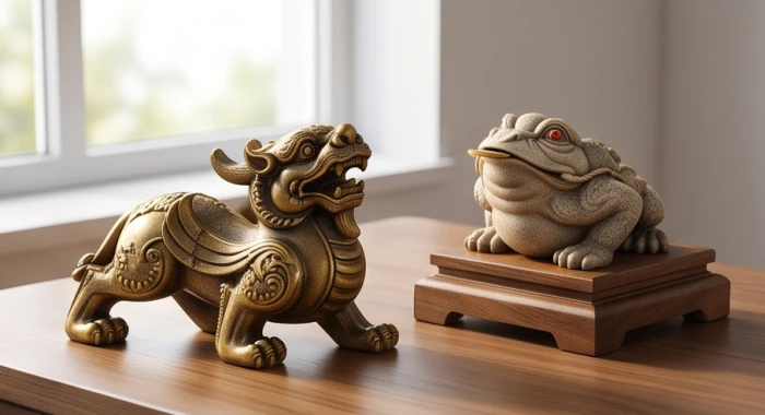 Tỳ hưu đặt chếch góc hướng ra phía cửa sổ bên cạnh thiềm thừ quay mặt vào trong trên kệ bàn làm việc