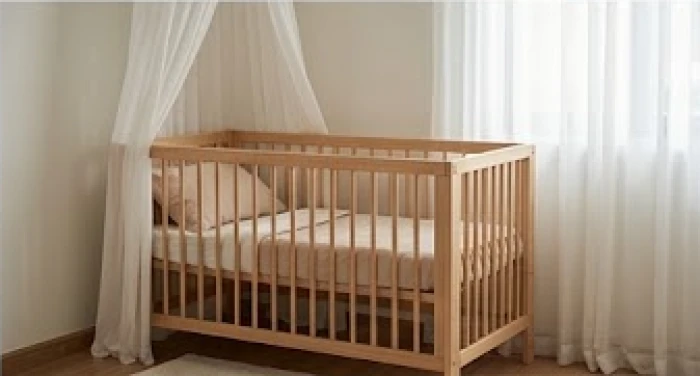 Giường cũi bằng gỗ gọn gàng đặt tại góc yên tĩnh cạnh rèm cửa sáng màu giúp bé ngủ ngon giấc