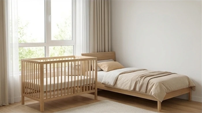 Chiếc giường ngủ trẻ em bằng gỗ tự nhiên đặt gọn gàng cạnh cửa sổ đón ánh sáng dịu nhẹ