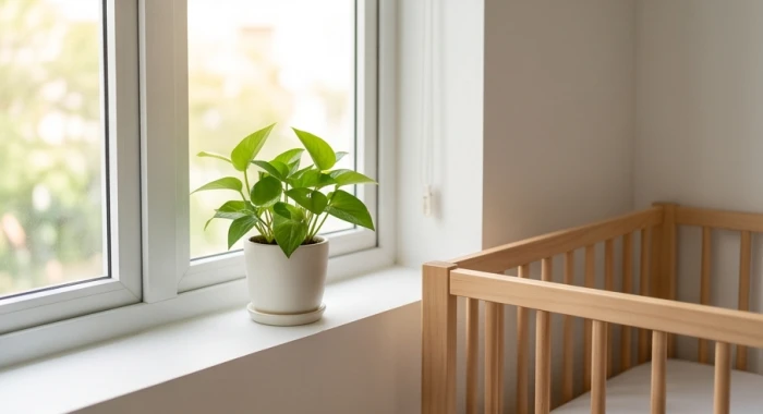 Chậu cây xanh trầu bà đặt cạnh cửa sổ gần nôi gỗ giúp điều hòa dòng khí phong thủy cho bé tuổi Tân Sửu 2021